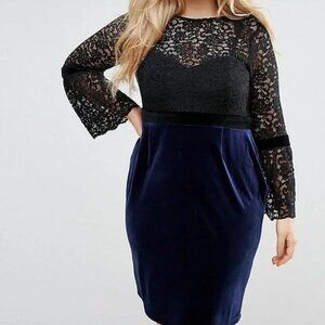 PAPER Dolls Plus 2 in 1 Midi Lace and velvet Dress with Fluted Sleeves. Size 14